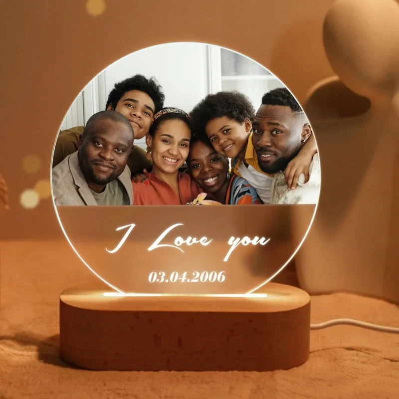 Personalisierte 3D-Fotolampe mit Foto & Text – Acryl auf Holz