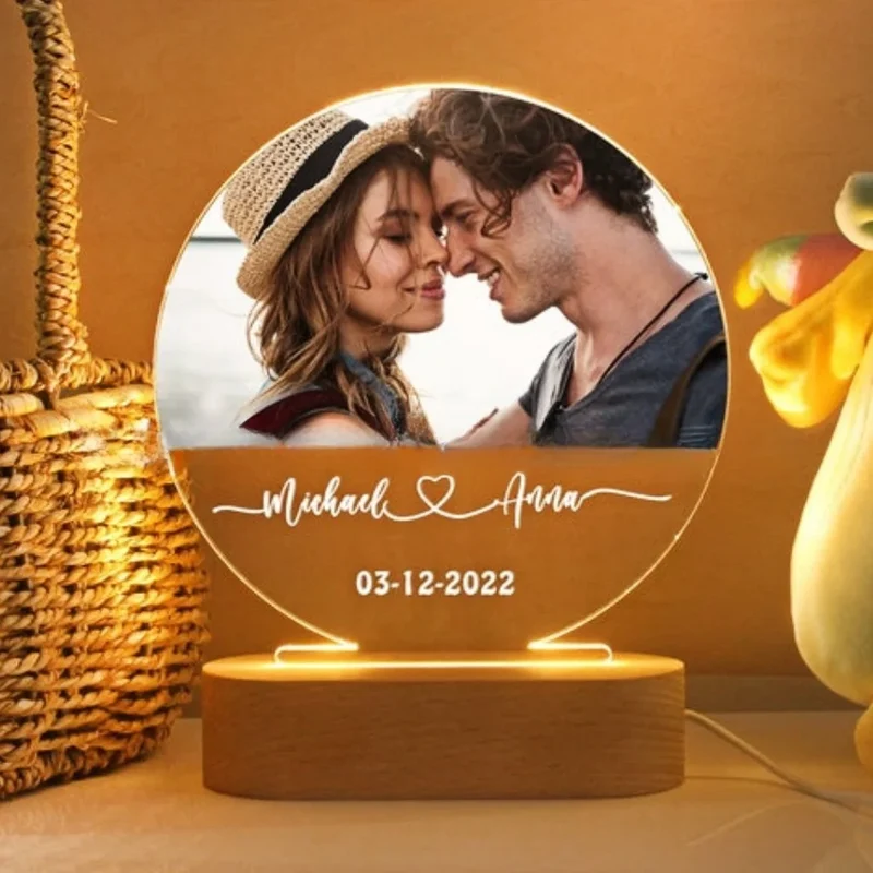 Personalisierte 3D-Fotolampe mit Foto & Text – Acryl auf Holz