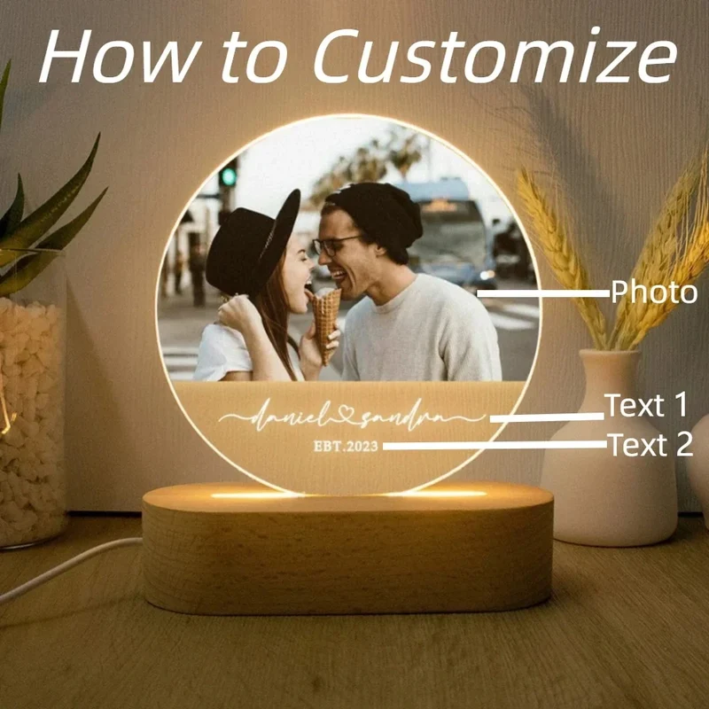 Personalisierte 3D-Fotolampe mit Foto & Text – Acryl auf Holz