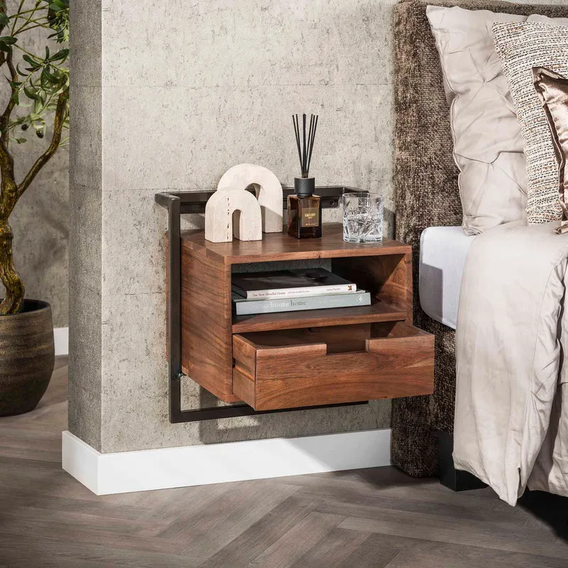 Nachttisch Air Massiv offenes Fach 1 Schublade – Massiv Akazie brown