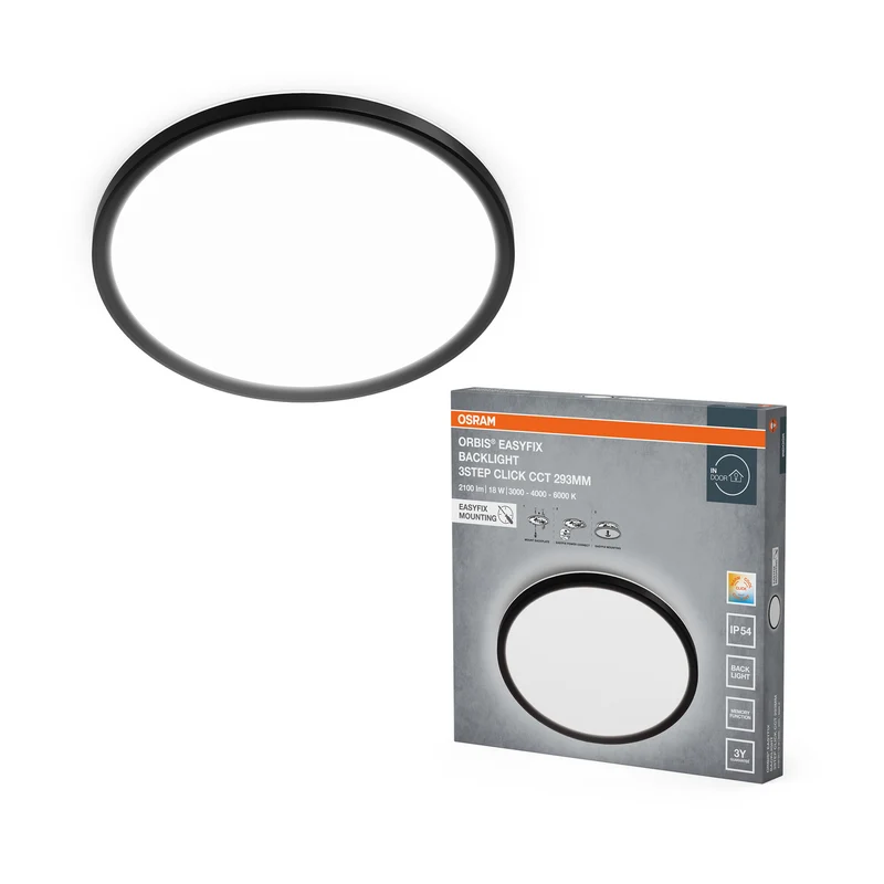 OSRAM ORBIS EASYFIX LED Backlight Deckenleuchte 29,3cm 18W 3Step Click CCT IP54, schwarz