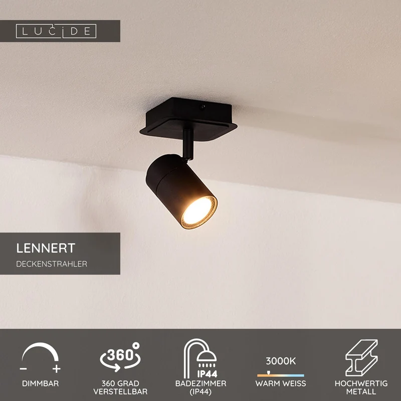 LED-Bad-Deckenspot Lennert dimmbar schwenkbar IP44 Schwarz