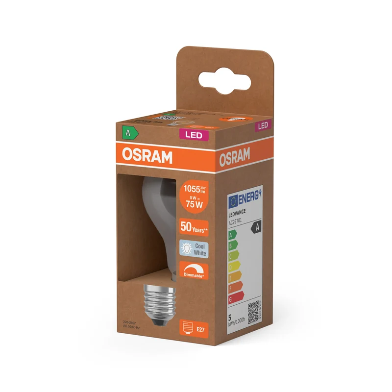 OSRAM LED Classic A 75 Filament DIM Energy efficiency class A in A-Form, LED-Lampe, Bleifreies Glas, klar, 5 W, 1055 lm, Kaltweiß, Dimmbar, Energieeffizienzklasse: A