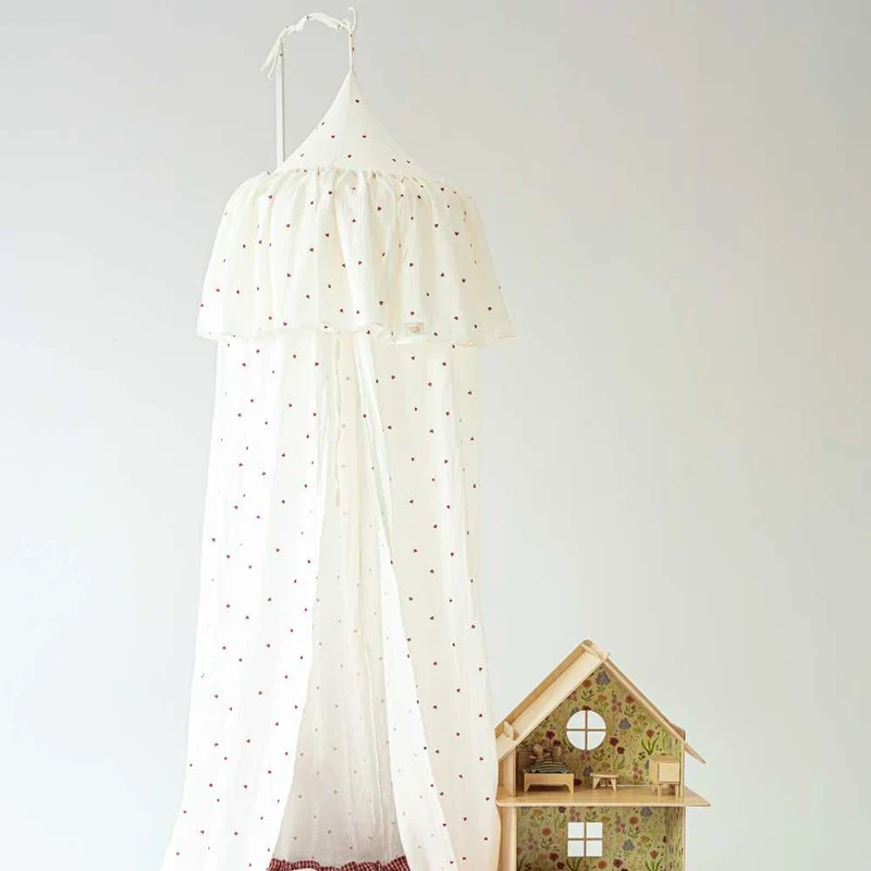 Betthimmel Baldachin Creme mit Herzen, 240 cm, aus Baumwolle