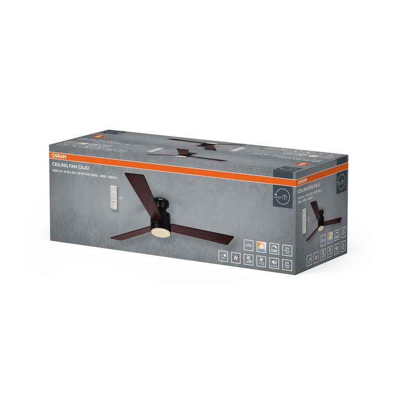 OSRAM LED Deckenventilator Caju, Schwarz-Holz, 48W, 1320mm, 1120lm, CCT