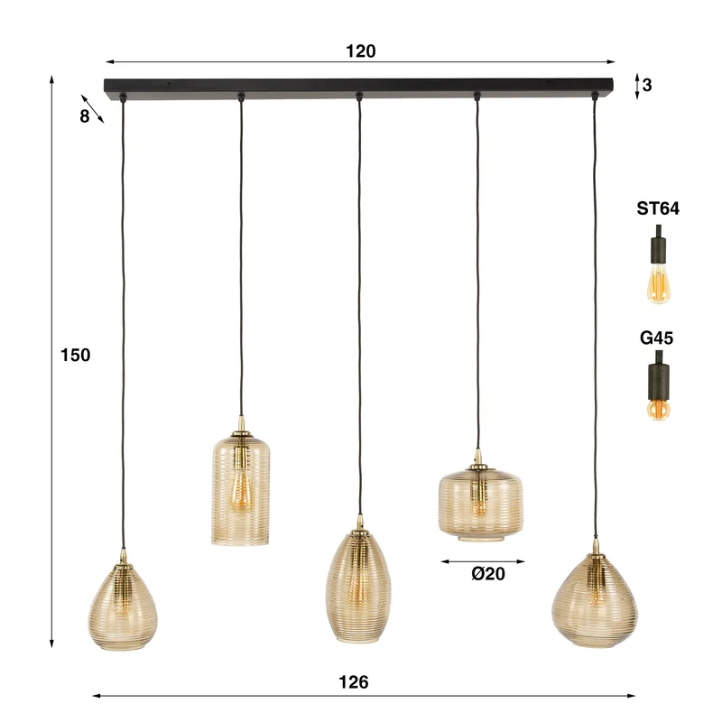 Hängeleuchte Stripe Horizontal 5-Lichter – Rauchbraunes Glas