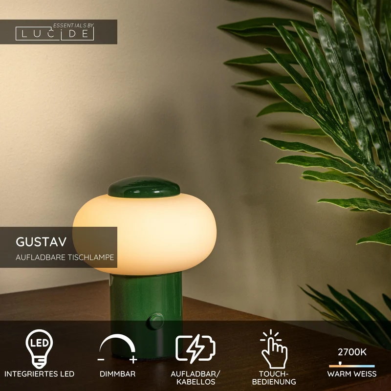 LED-Tischlampe Gustav mit Akku, per Touch dimmbar Schirmhöhe 4cm