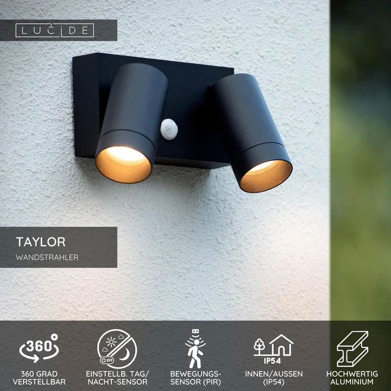 Außenwandspot Taylor 2-flammig mit Bewegungsmelder IP54