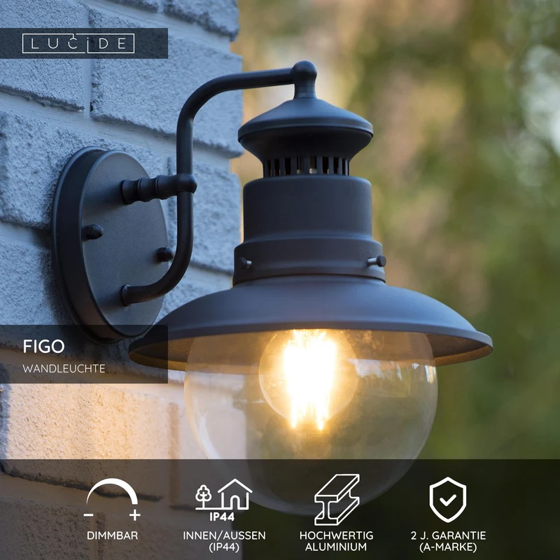 Außenwandleuchte Figo IP44 mit Glasschirm