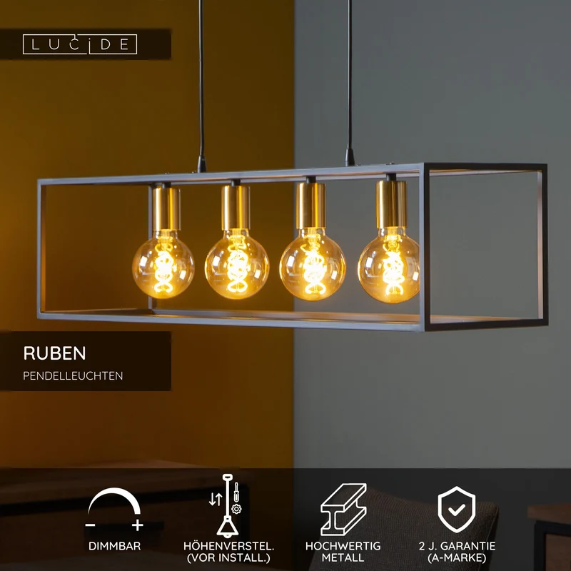 Pendelleuchte Ruben 4-flammig E27 Schwarz, Messing 92cm