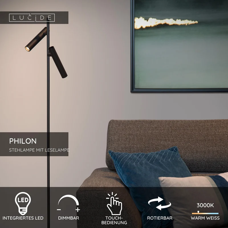 LED-Lese-Stehleuchte Philon 2-flammig Touchdimmer Schwarz 140cm