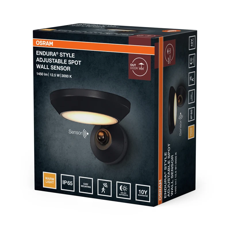 OSRAM Außenwandleuchte, Anthrazit, 12,5 W, 930 lm, 3000 K, 100° Abstrahlwinkel, IP65, 50. 000 h Lebensdauer, PIR-Bewegungsmelder, Diffusor aus Glas