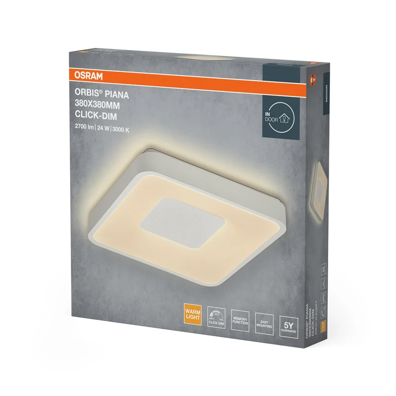 OSRAM Orbis Piana Deckenleuchte, 380x380 mm, 24W, 3000K, Warmweiß, Click dimmbar, Weiß