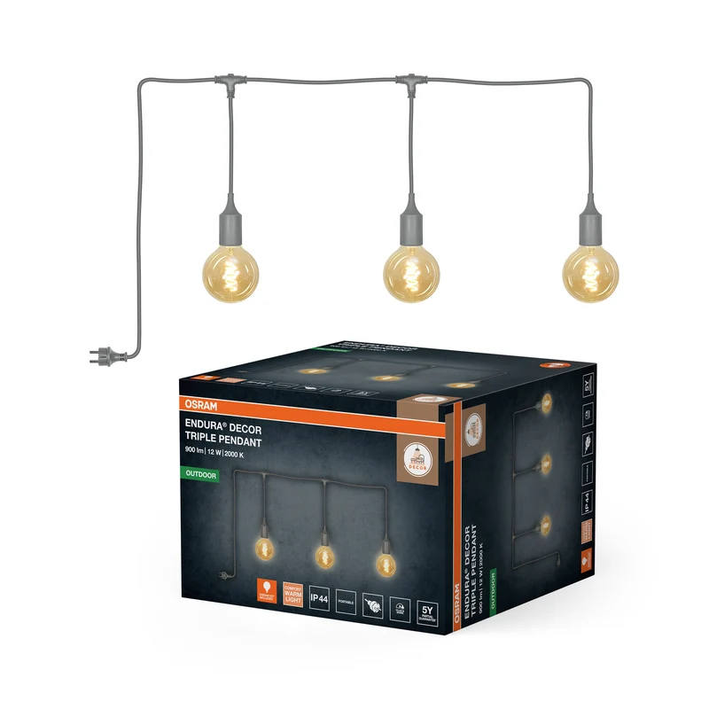 OSRAM Außenpendelleuchte Lichterkette Grau, 7 m Kabellänge, E27, 4W, 3x2000K, Warmweiß