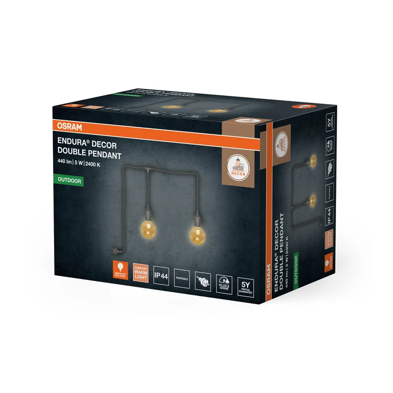 OSRAM Außenpendelleuchte Lichterkette Grau, 6 m Kabellänge, E27, 2.5W, 2x2400K, Warmweiß