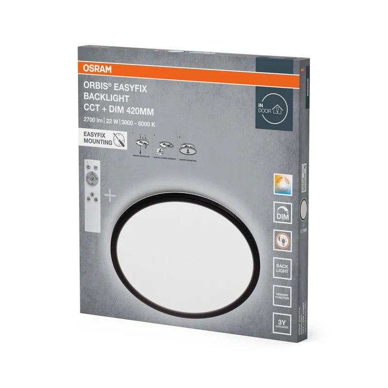 OSRAM ORBIS EASYFIX LED Backlight Deckenleuchte 42cm 22W +CCT DIM Fernbedienung, schwarz