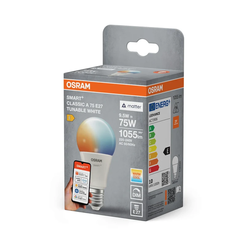 OSRAM SMART+ MATTER Classic shapes Tunable white in A-Form, LED-Lampe, Matt, 9,5 W, (ex 75 W), 1055 lm, Lichtfarbe variabel, Matter, Smartspeaker-Kompatibel, Dimmbar