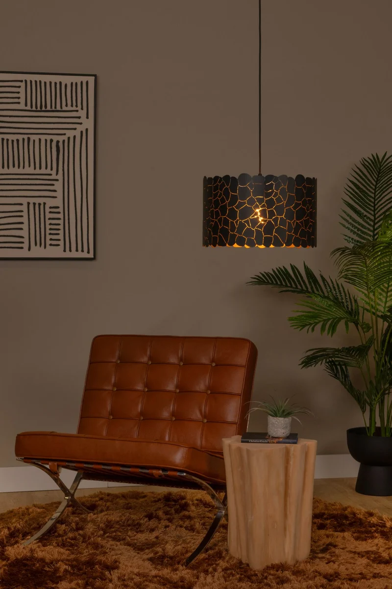 Pendelleuchte Almelo in Zylinderform mit Giraffenmotiv höhenverstellbar Schwarz, Messing 40cm