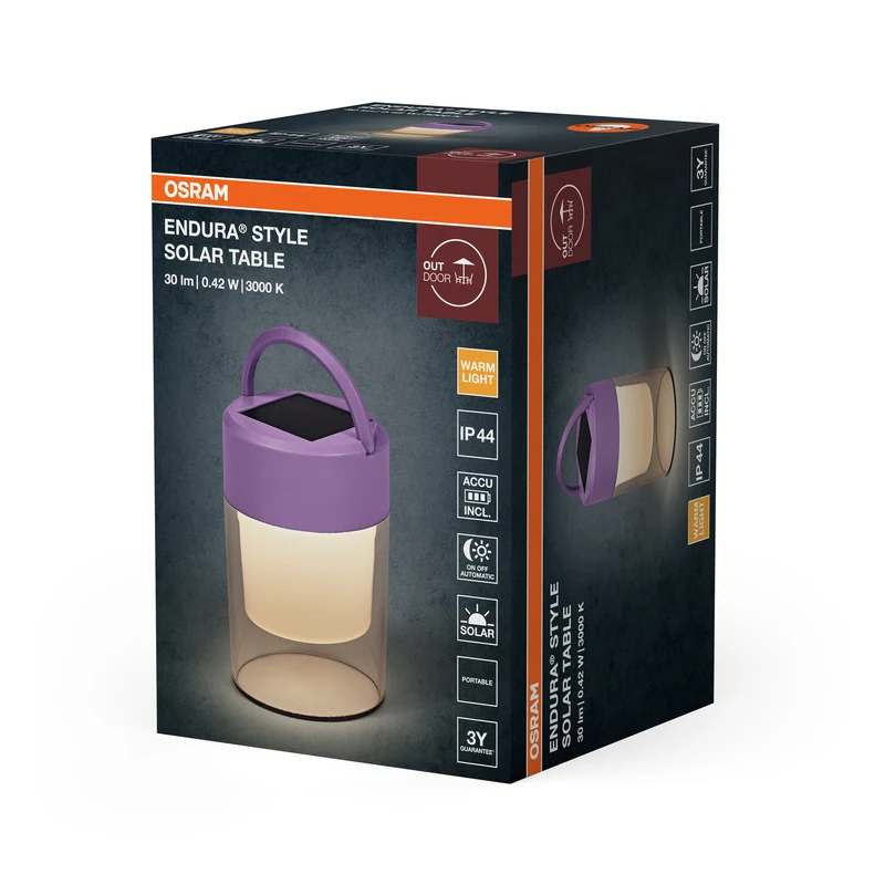 ENDURA Style Solar Tischlampe, Purple, Solarbetrieb, 3000 K, 20 lm, 170° Abstrahlwinkel, 199 mm Höhe, IP44, 25000 h Lebensdauer, Lithium-Ion Akku, bis zu 10 h Nutzung