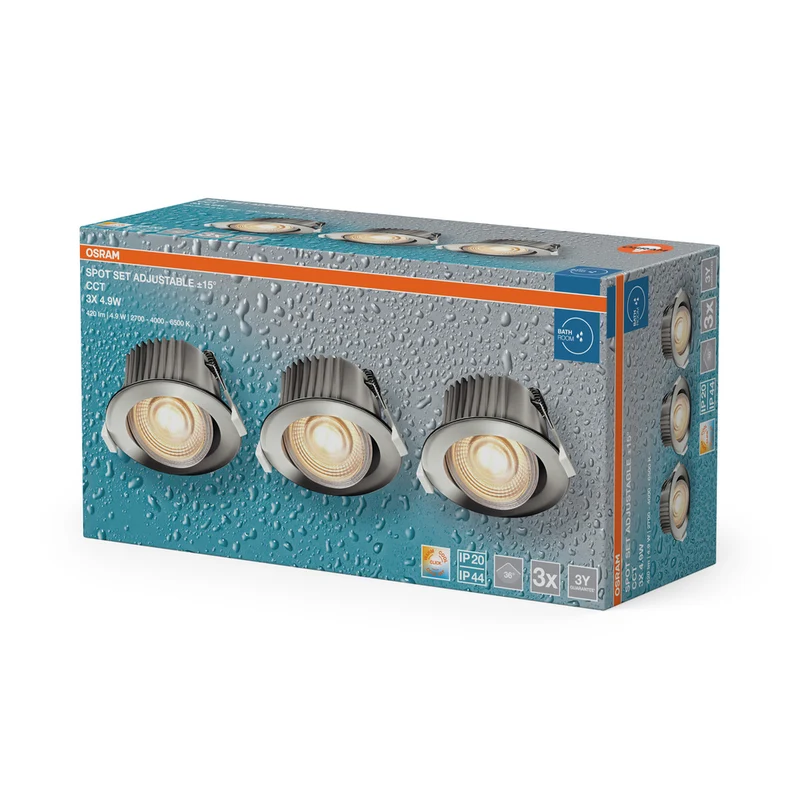 OSRAM LED Spot Recess Bad Einbaustrahler Set CCT IP44 schwenkbar 4.9W 36° Chrom ⌀68 mm