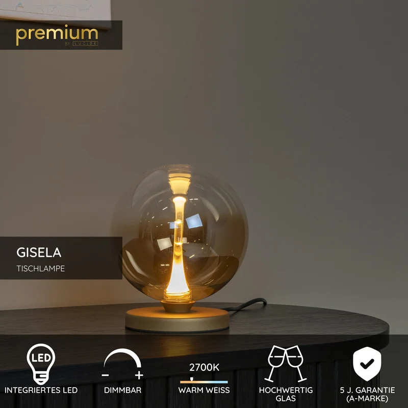 LED-Tischlampe Gisela dimmbar Glas Ø 16cm Amber Warmweiß
