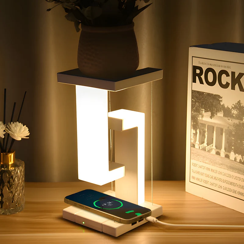 AuraGlide | Schwebende LED-Tischleuchte mit kabellosem Laden