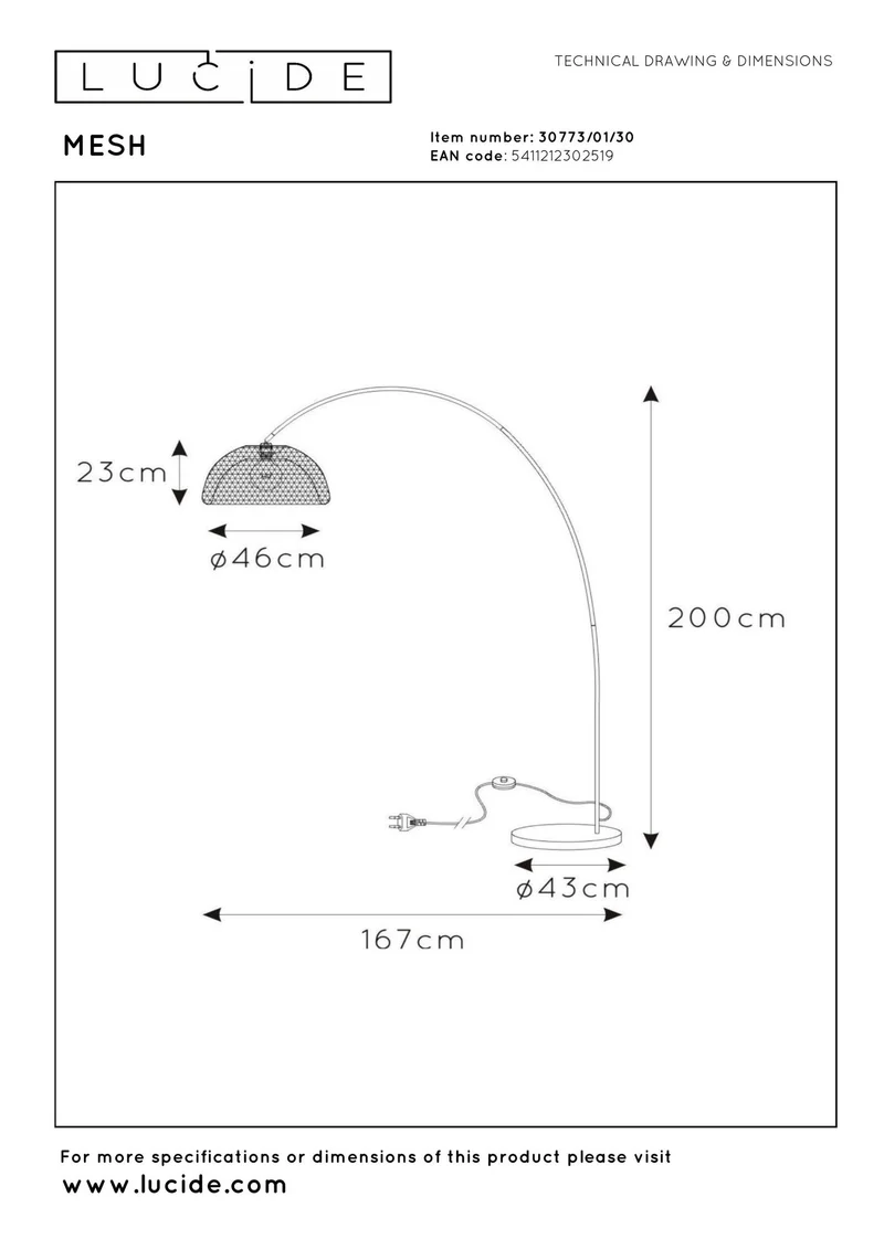 Bogenleuchte Mesh 1-flammig Schwarz 200cm