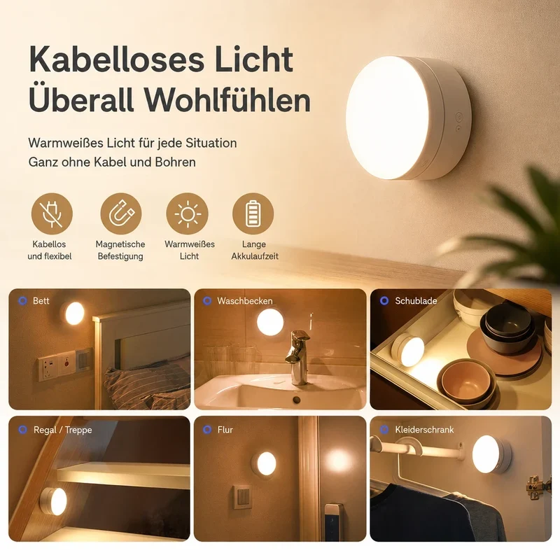Nachtlicht Bewegung 360° – Magnetisch, USB, LED, kabellos