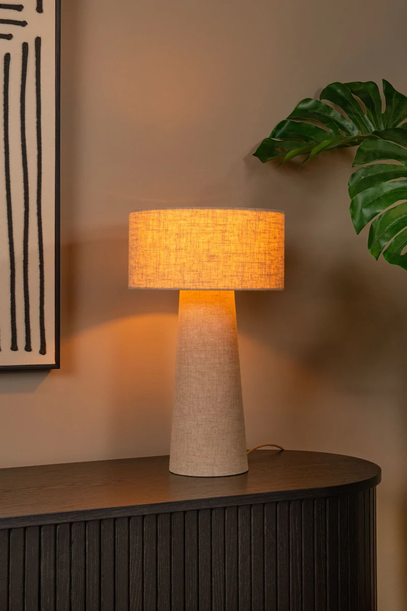 Tischleuchte Leeroy 1-flammig mit Leinenschirm Taupe 30cm