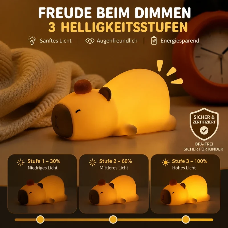 Capybara Nachtlicht – Dimmbar, Timer, Silikon, LED