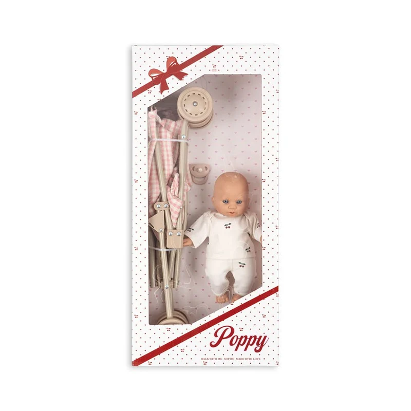 Poppy Puppe mit Puppenbuggy in Pink Check