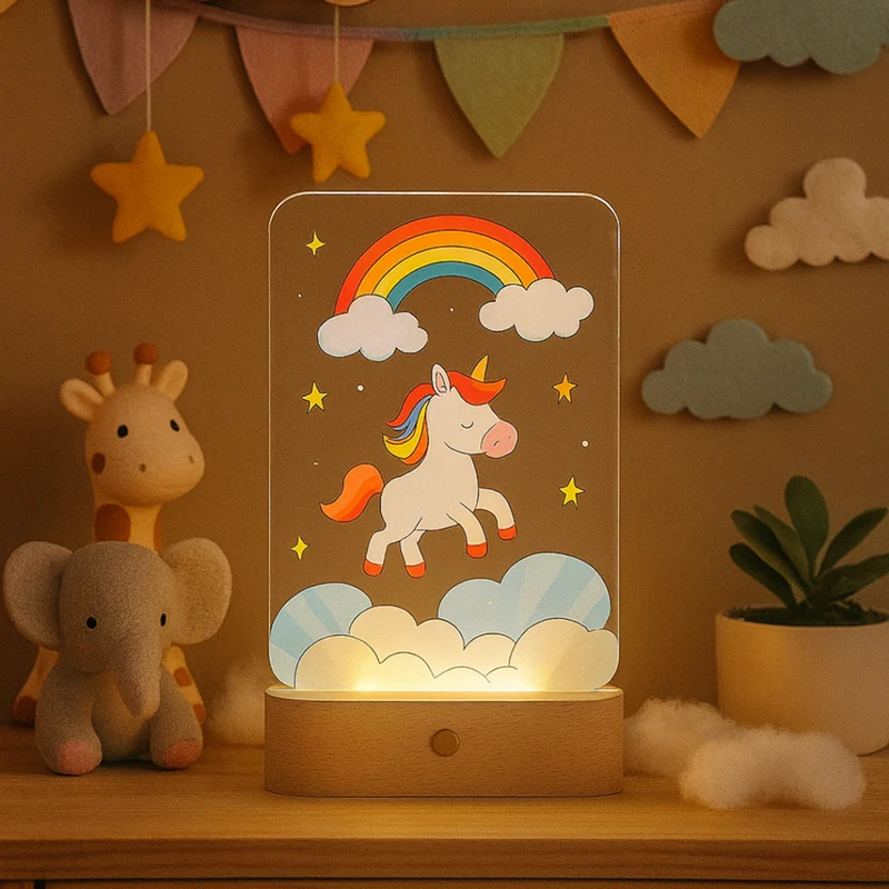 Nachtlicht LED-Acryllampe Einhorn, opt. Batteriebetrieb & dimmbar