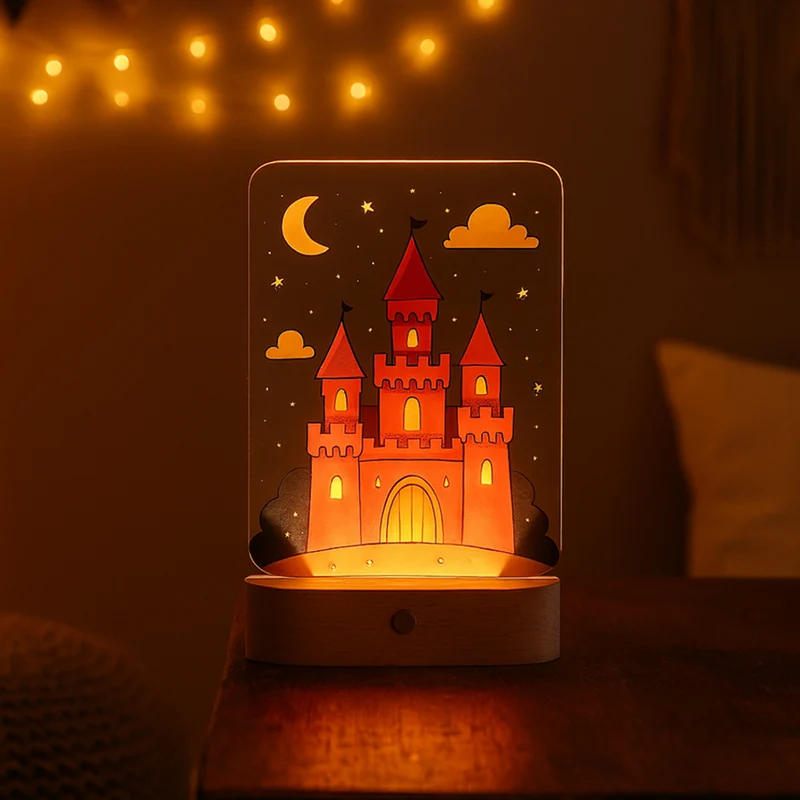 Nachtlicht LED-Acryllampe Märchenschloss, opt. Batteriebetrieb & dimmbar