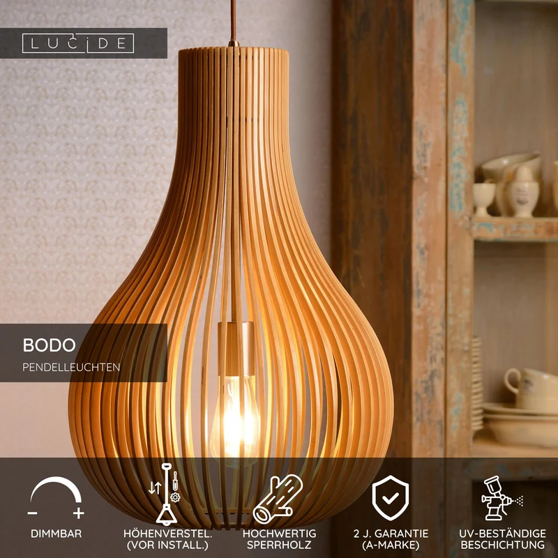 Pendelleuchte Bodo 1-flammig Holzschirm Natur 38cm