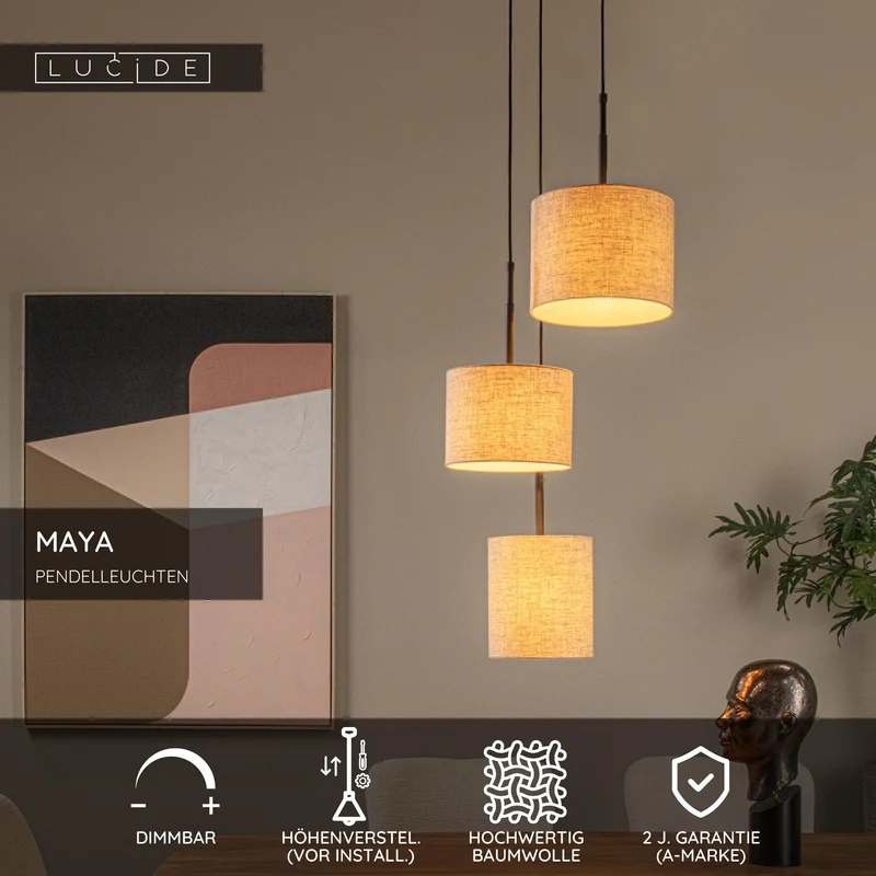 Pendelleuchte Maya 3-flammig höhenverstellbar mit Baumwollschirmen Ø 46cm