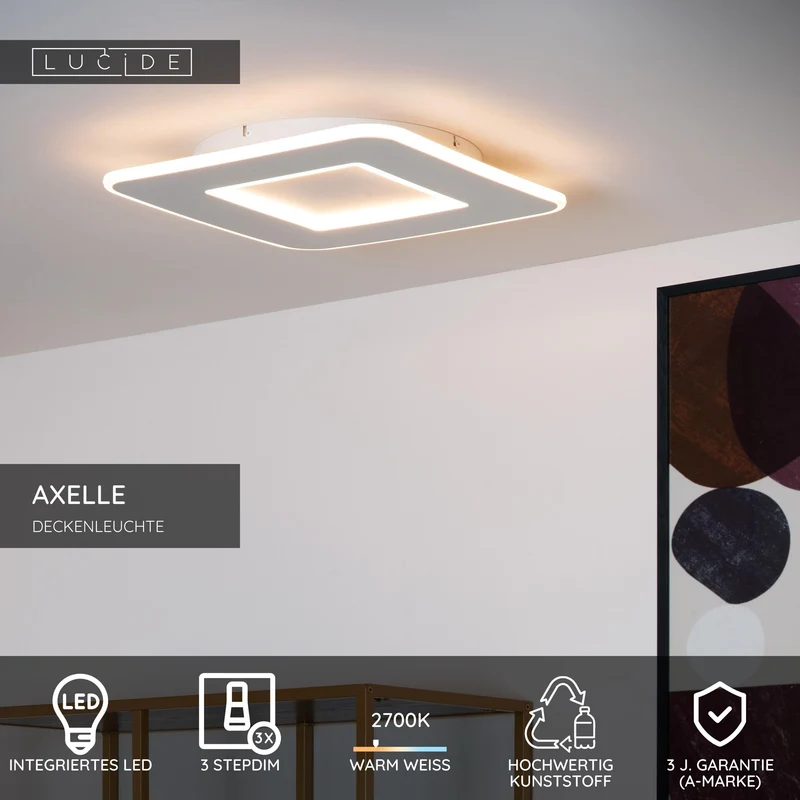 LED-Deckenleuchte Axelle 3-Stufen dimmbar quadratisch Warmweiß Weiß 39,4cm