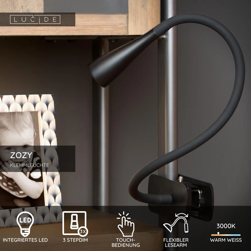 LED-Klemmleuchte Zozy mit Touchdimmer und flexiblem Arm Schwarz