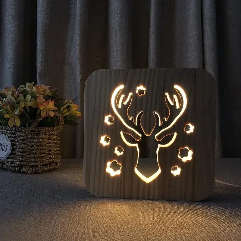 Hirschkopf 3D Holzlampe mit USB
