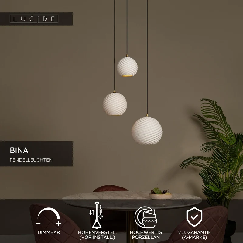 Pendelleuchte Bina 3-flammig Porzellan Weiß höhenverstellbar Ø40cm