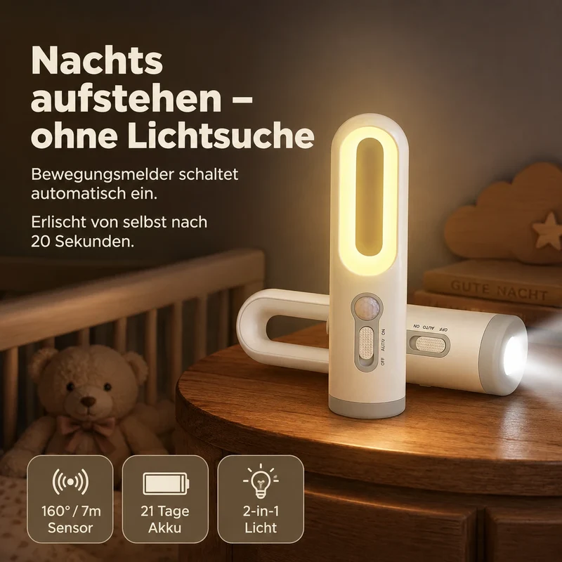 Stilllicht Taschenlampe – Bewegungssensor, 2-in-1 LED