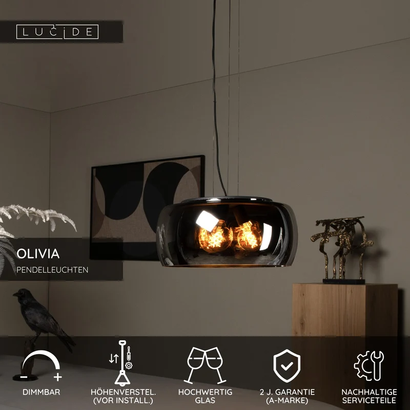 Pendelleuchte Olivia 3-flammig mit Rauchglasschirm Ø 50cm höhenverstellbar
