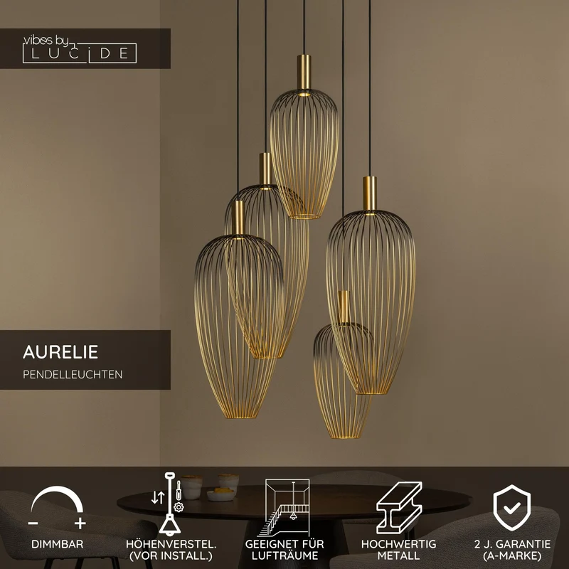 Pendelleuchte Aurelie 5-flammig höhenverstellbar dimmbar Gold