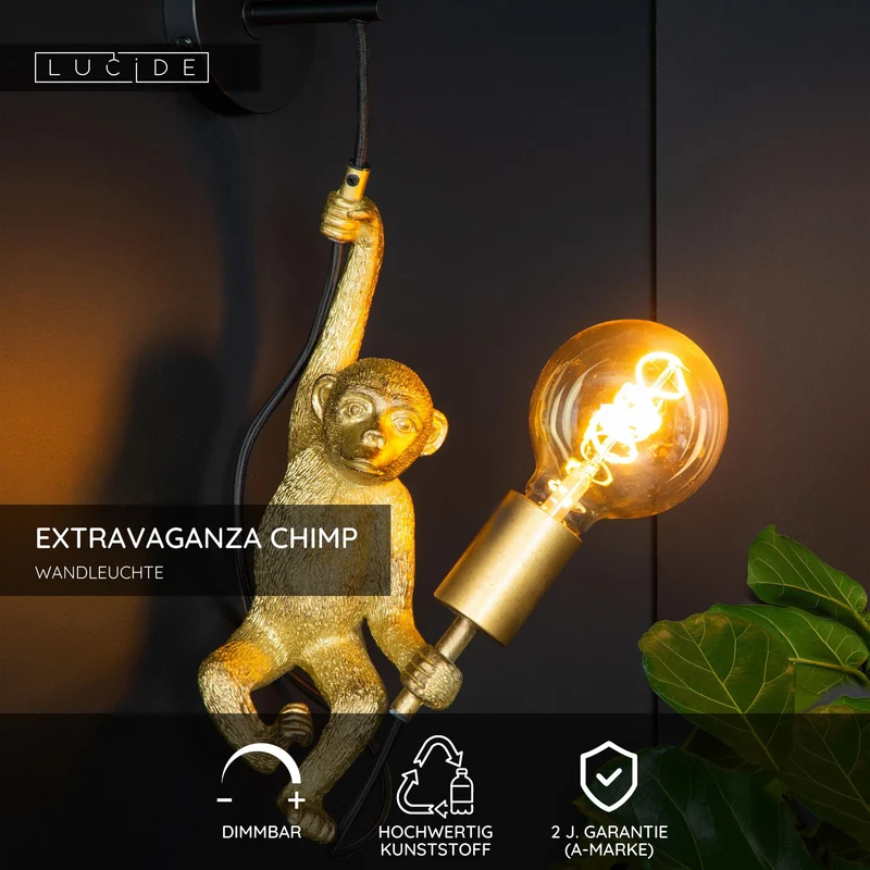 Wandleuchte Extravaganza Chimp Affenfigur Retro Schwarz, Gold