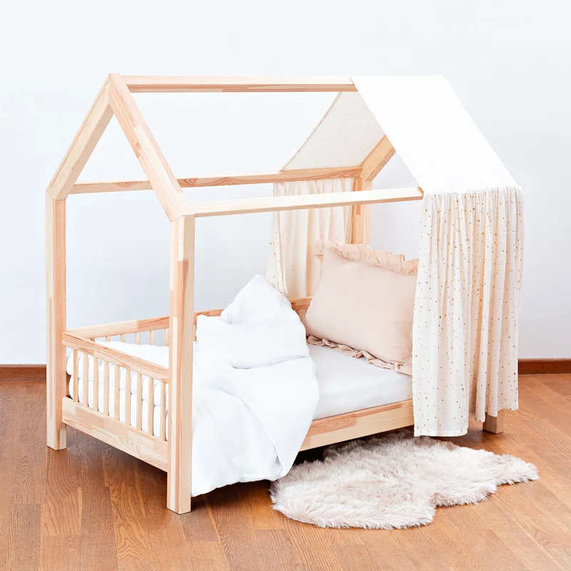 Hausbett-Himmel Musselin einseitig 50 cm breit, einfarbig mit Goldakzenten
