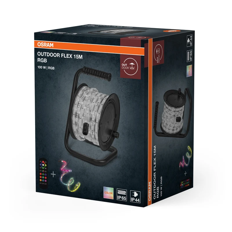 OSRAM Outdoor Flex RGB LED Streifen 15M IP65, inkl. Fernbedienung, bis 50 m erweiterbar, mit Kabeltrommel, Anschlusskabel, Zubehör