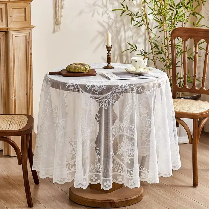 Euroselle Elegant Sheer Lace Round Tablecloth With Floral Design For Dining And Living Rooms