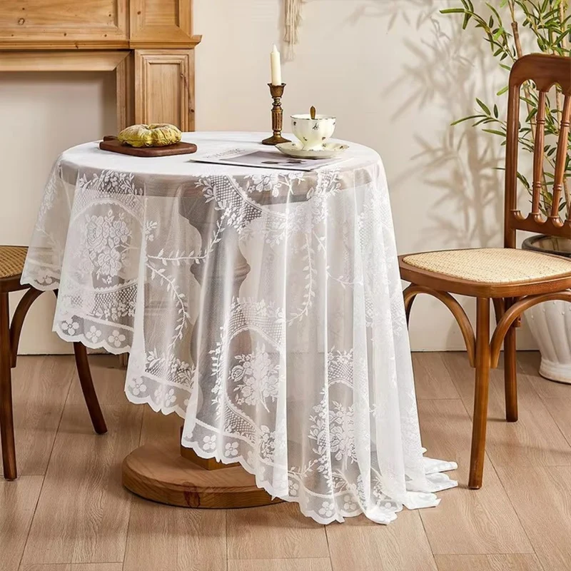 Euroselle Elegant Sheer Lace Round Tablecloth With Floral Design For Dining And Living Rooms
