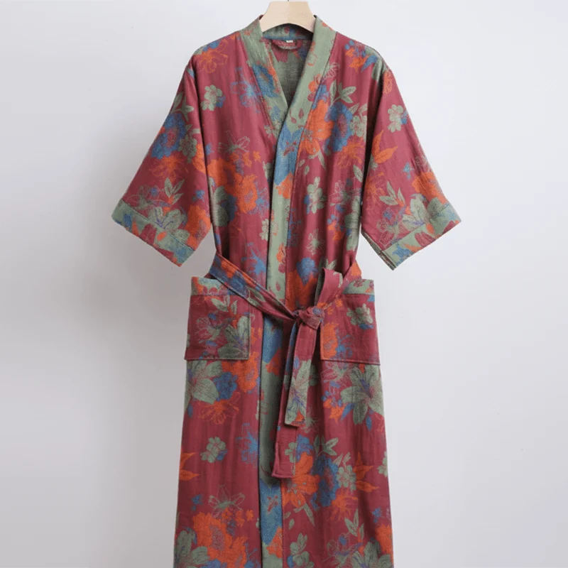 Euroselle Organic Cotton Kimono Bathrobe With Breathable Double Gauze And Relaxed Fit