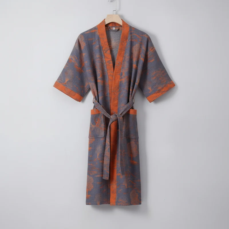 Euroselle Organic Cotton Kimono Bathrobe With Breathable Double Gauze And Relaxed Fit