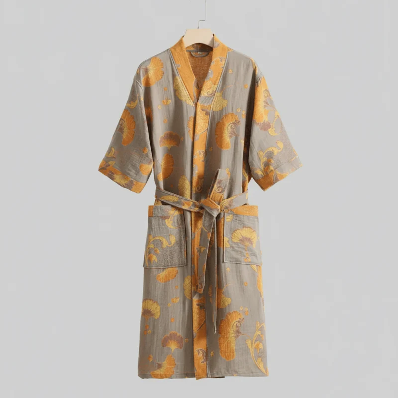 Euroselle Organic Cotton Kimono Bathrobe With Breathable Double Gauze And Relaxed Fit